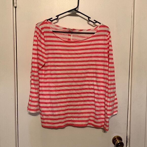 J. Crew GUC bright pink and white striped long sleeve boat neck tee! Size large - Picture 1 of 5